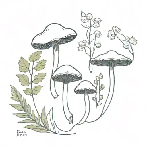 mushrooms and ferns sprouting tattoo design idea