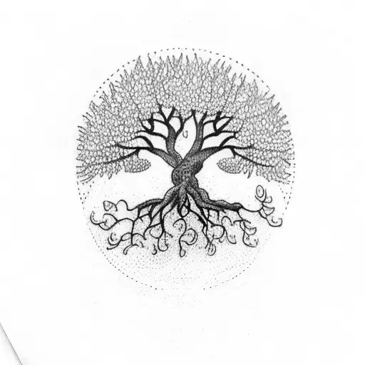 A dotwork tattoo of a family tree with three branches, each representing the client's three children and husband tattoo design idea
