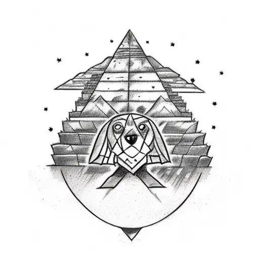 A sketch-style tattoo featuring a Mexican hairless dog howling at the moon with an Aztec pyramid in the background tattoo design idea