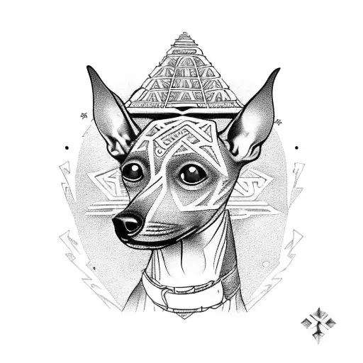 Mexican hairless dog with a mystical Aztec pyramid in the background tattoo design idea