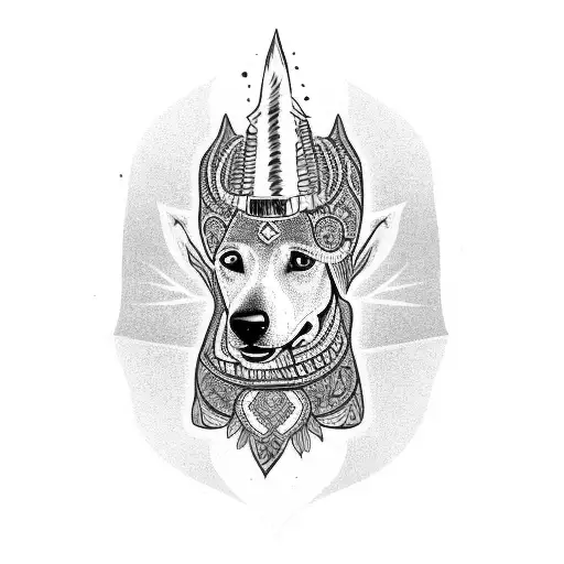 A blackwork tattoo of a Mexican hairless dog wearing an Aztec headdress tattoo design idea
