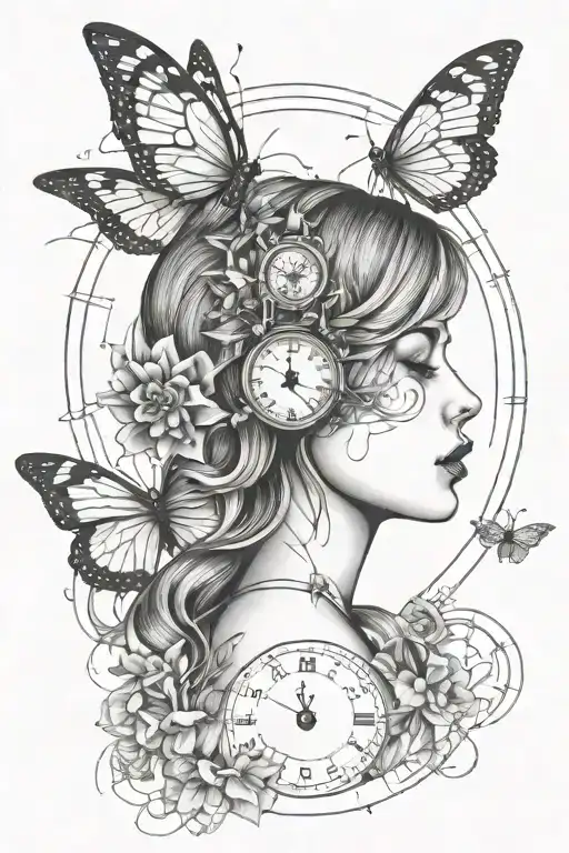 11, clock, butterfly, woman face, astronaut floating tattoo design idea