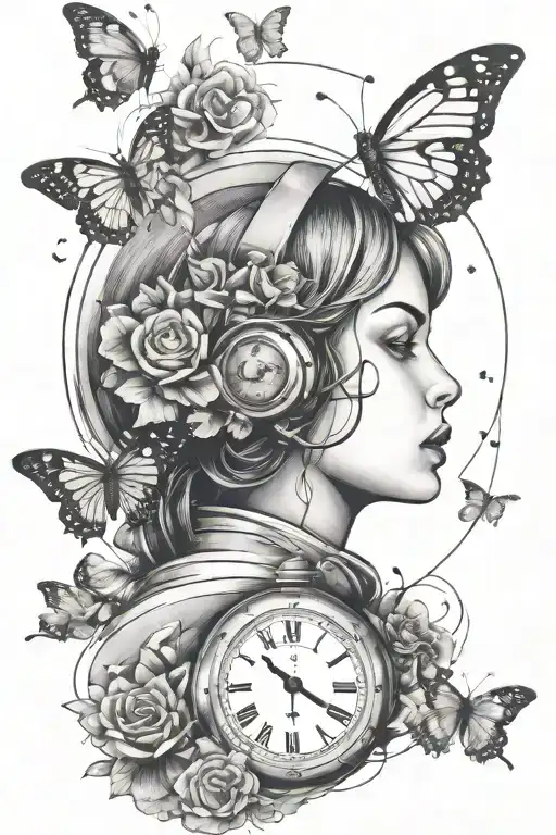 11, clock, butterfly, woman face, astronaut floating tattoo design idea