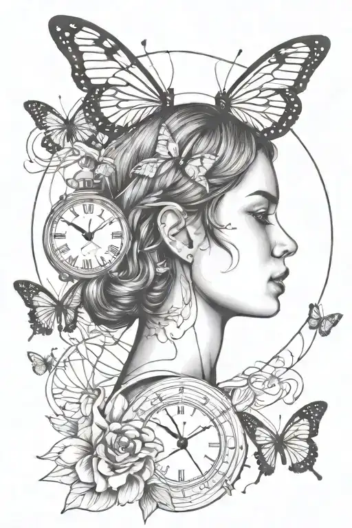 11, clock, butterfly, woman face, astronaut floating tattoo design idea