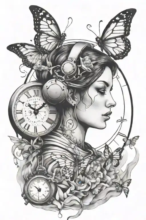 11, clock, butterfly, woman face, astronaut floating tattoo design idea