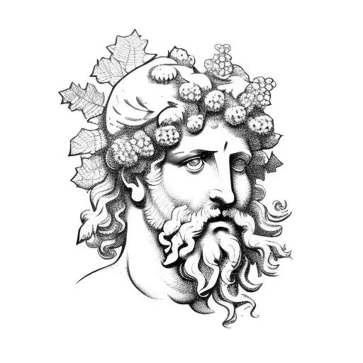 a marble bust of Dionysus with a wreath of grapevine. no background tattoo design idea