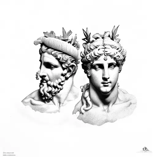 a  split marble bust of Apollo and Dionysus with laurel wreath near Apollo and grapevines near Dionysus tattoo design idea