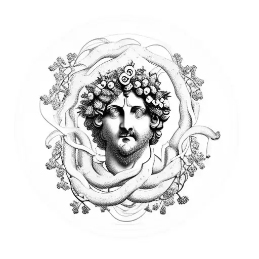a marble bust of Dionysus with a wreath of grapevines on his head looking down and to the left tattoo design idea