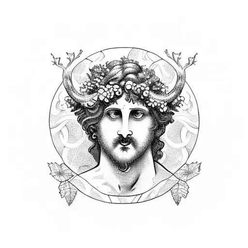 a bust of Dionysus with a wreath of grapevines on his head looking down and try the left tattoo design idea