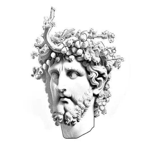 a marble bust of Dionysus with a wreath of grapevine. no beard tattoo design idea