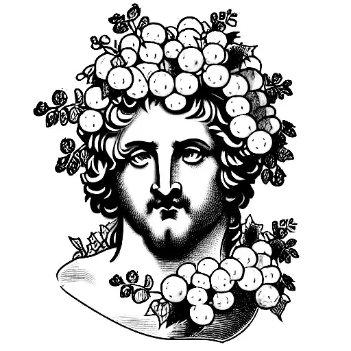 a marble bust of Dionysus with a wreath of grapevines on his head.  tattoo design idea