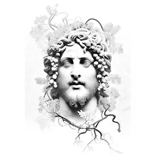 a marble bust of Dionysus with a wreath of grapevines on his head looking down and try the left tattoo design idea