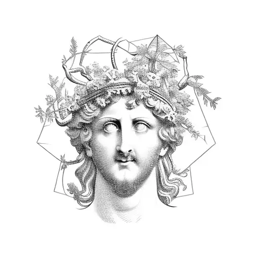 a marble bust of Dionysus with a wreath of grapevine tattoo design idea