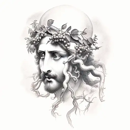 a bust of Dionysus with a wreath of grapevines on his head looking down and try the left tattoo design idea