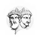 a ying-yang style split marble bust of Apollo and Dionysus with laurel wreath near Apollo and grapevines near Dionysus tattoo design idea