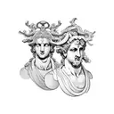 a ying-yang style split marble bust of Apollo and Dionysus with laurel wreath near Apollo and grapevines near Dionysus tattoo design idea