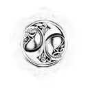 a ying-yang style split marble bust of Apollo and Dionysus with laurel wreath near Apollo and grapevines near Dionysus tattoo design idea