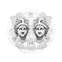 a ying-yang style split marble bust of Apollo and Dionysus with laurel wreath near Apollo and grapevines near Dionysus tattoo design idea