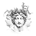 a marble bust of Dionysus with a wreath of grapevines on his head. similar to Apollo of belvedere tattoo design idea