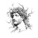 a marble bust of Dionysus with a wreath of grapevines on his head. similar to Apollo of belvedere tattoo design idea