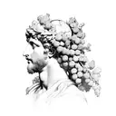 a marble bust of Dionysus with a wreath of grapevines on his head. similar to Apollo of belvedere tattoo design idea