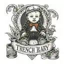 gangster baby sitting infront of a trap house that say trench baby tattoo design idea