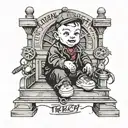 gangster baby sitting infront of a trap house that say trench baby tattoo design idea