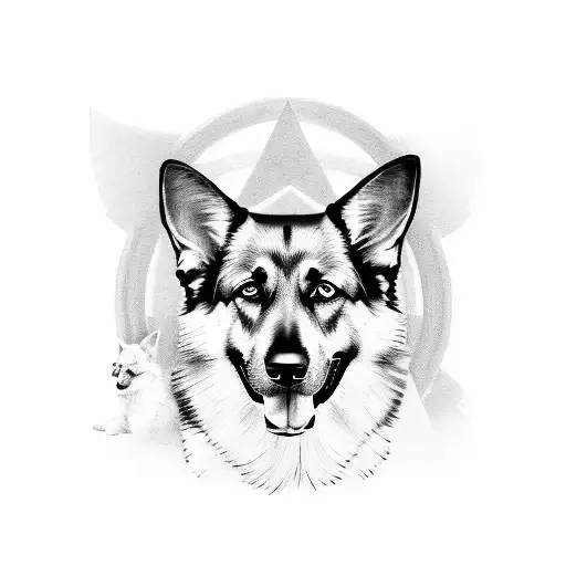 Family portrait with a German shepherd in a black-grey style tattoo design idea