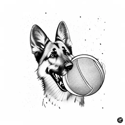 A German shepherd catching a ball in a blackwork style tattoo design idea