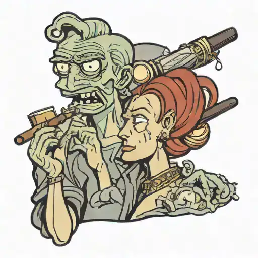Lucy from disenchantment leaning up against benders head from Futurama while smoking a cigar tattoo design idea