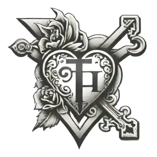 letters j en L = H with heart, cross in heart tattoo design idea