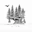 dead tree with pine trees and crows flying above. for upper left arm tattoo design idea