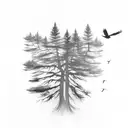 dead tree with pine trees and crows flying above. for upper left arm tattoo design idea