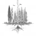 dead tree with pine trees and crows flying above. for upper left arm tattoo design idea