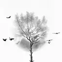 dead tree with pine trees and crows flying above. for upper left arm tattoo design idea