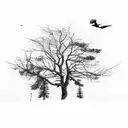 dead tree with pine trees and crows flying above. for upper left arm tattoo design idea