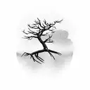 dead tree with pine trees and crows flying above. for upper left arm tattoo design idea