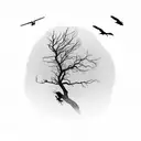 dead tree with pine trees and crows flying above. for upper left arm tattoo design idea
