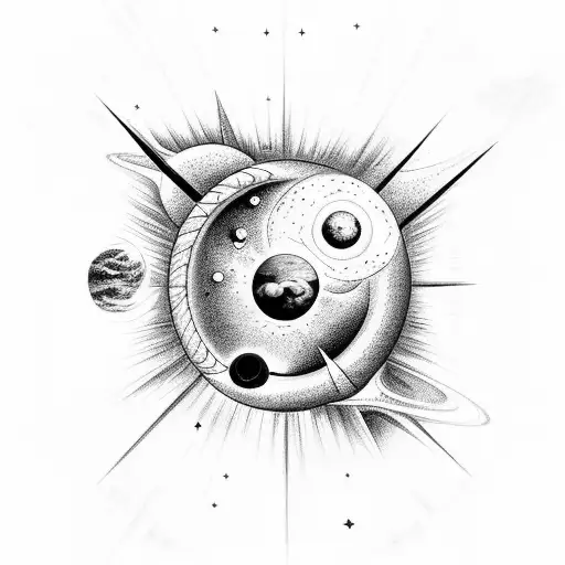 A celestial scene with stars and planets reflecting in the depths of the sea tattoo design idea