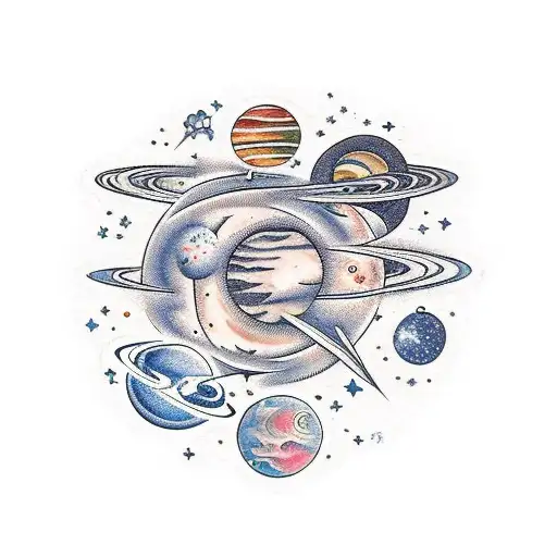 A celestial scene with stars and planets reflecting in the depths of the sea tattoo design idea
