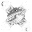 A celestial scene with stars and planets reflecting in the depths of the sea tattoo design idea