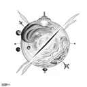 A celestial scene with stars and planets reflecting in the depths of the sea tattoo design idea