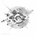 A celestial scene with stars and planets reflecting in the depths of the sea tattoo design idea