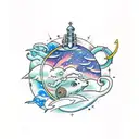 A celestial scene with stars and planets reflecting in the depths of the sea tattoo design idea