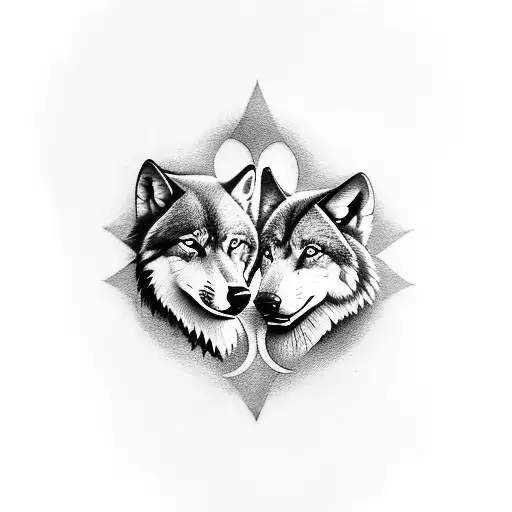 tattoo for couples, with the silhouette of the face of a wolf and a she-wolf, only half of each and in the middle an old tattoo design idea