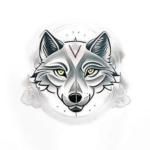 tattoo for couples, with the silhouette of the face of a wolf and a she-wolf, only half of each and in the middle an old tattoo design idea