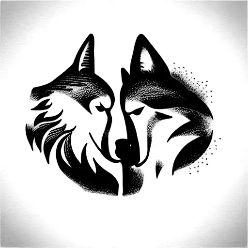 tattoo for couples, with the silhouette of the face of a wolf and a she-wolf, only half of each and in the middle an old tattoo design idea