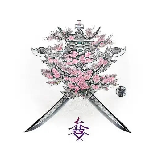 byakuya cherry blossom bankai with large swords on sides, small crosslike swords in background and cherry blossoms falli tattoo design idea