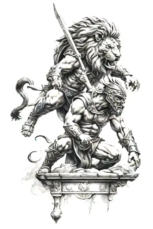Gladiator fighting with lion head underneath tattoo design idea