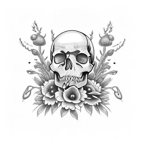 skull with willow bark, foxglove flowers, poppy flowers, galanthus nivalus flowers tattoo design idea